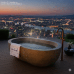 Home 1 Illustration of a stone bathtub on a terrace overlooking a city at dusk