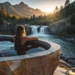 Home 2 Illustration of a bather in a stone bathtub overlooking a mountain waterfall