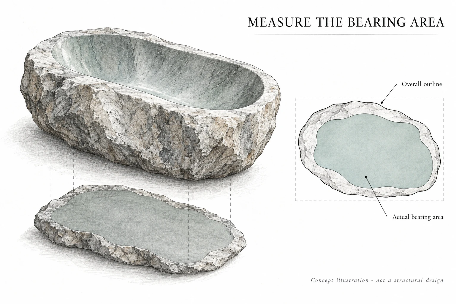 Can You Install a Stone Bathtub Upstairs? A Guide to Weight and Floor Support 1 Concept diagram comparing a stone bathtub’s overall outline with the highlighted bearing area of its base.