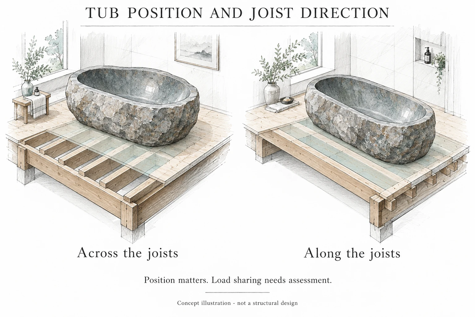 Can You Install a Stone Bathtub Upstairs? A Guide to Weight and Floor Support 3 Concept illustrations comparing a stone bathtub positioned across timber floor joists and along the joists.