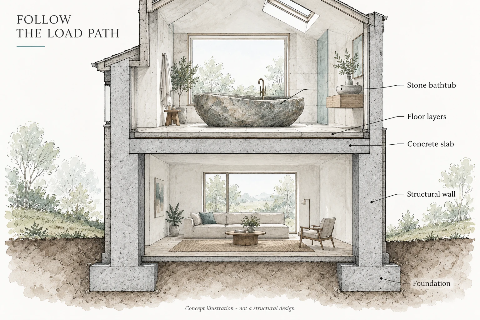 Can You Install a Stone Bathtub Upstairs? A Guide to Weight and Floor Support 2 House cutaway showing a stone bathtub above floor layers, a concrete slab, structural walls and foundations.